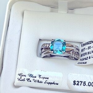 Sterling silver, genuine, Swiss blue Topaz and sapphire ring size 8